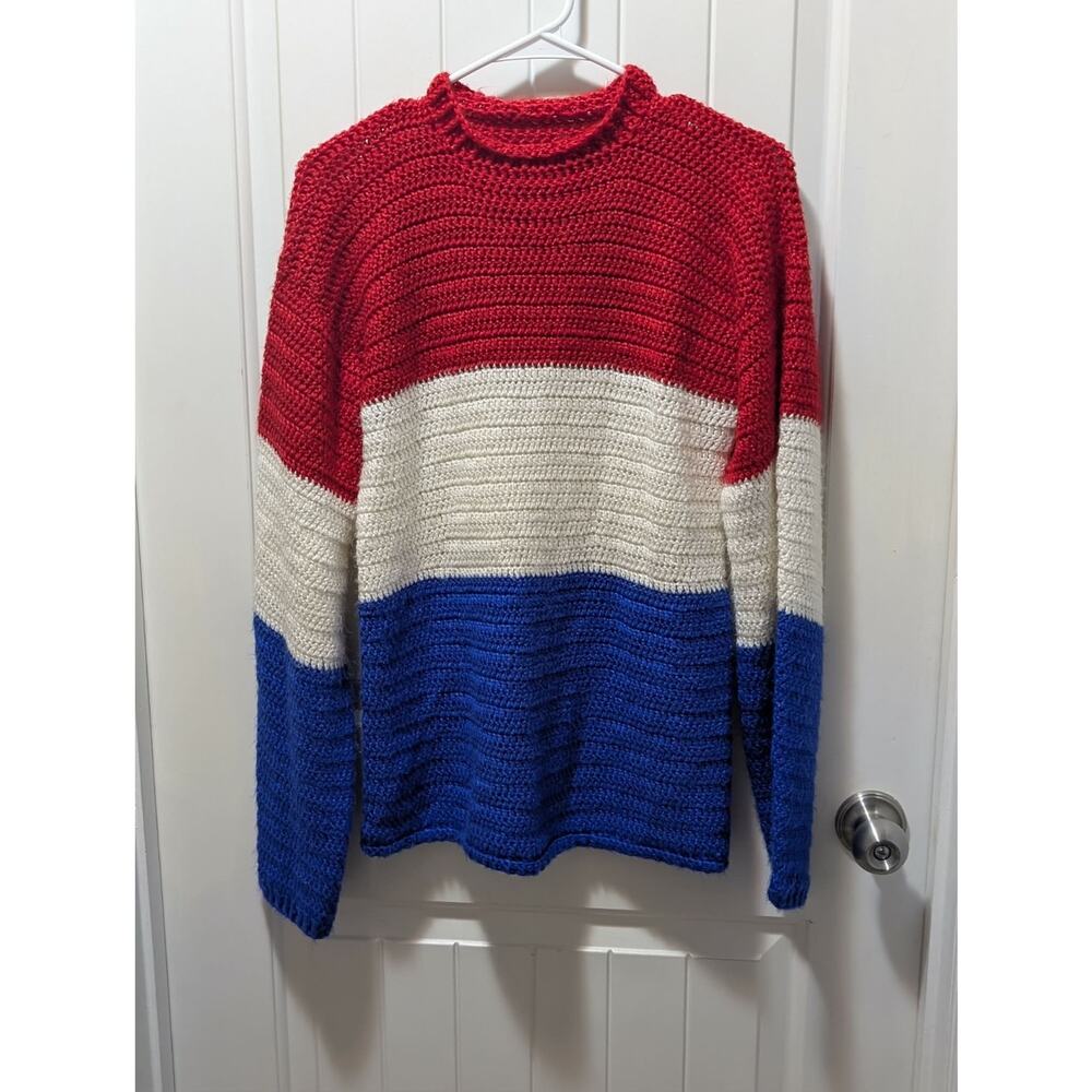 Vintage Hand-Crocheted Knit Sweater Patriotic Red White & Blue USA Size S
